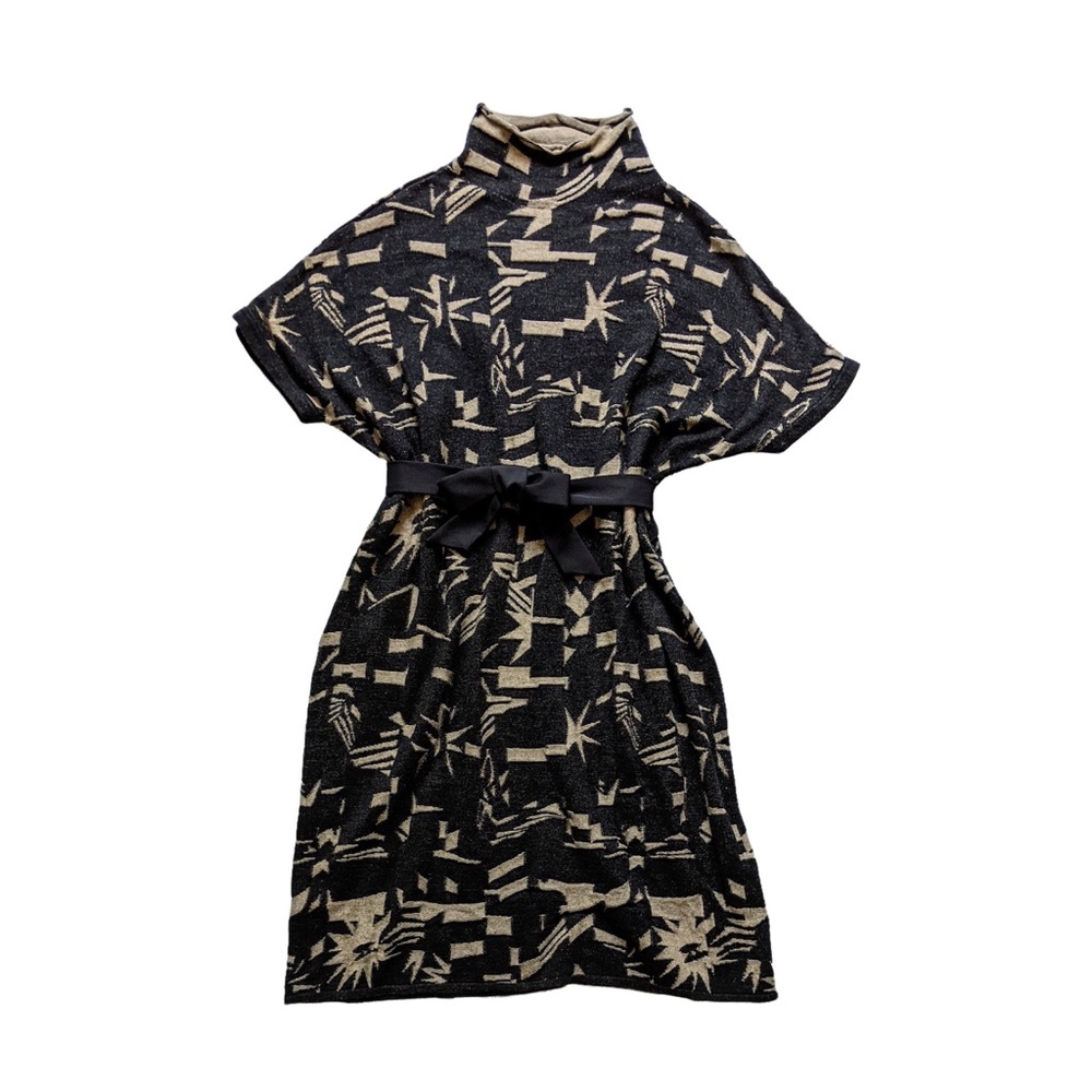 Geometric Pattern Sweater Dress with Ribbon Belt Mock Neck Short Sleeve Midi